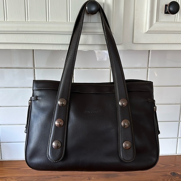 Vintage LONGCHAMP Dark Brown Leather Medium Tote Bag with Copper Bronze Hardware - Picture 1 of 15